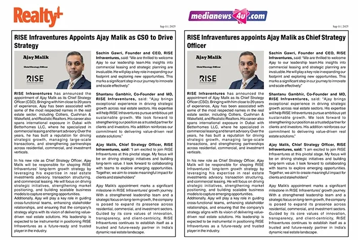 RISE Infraventures Strengthens Leadership with Appointment of Ajay Malik as CSO
